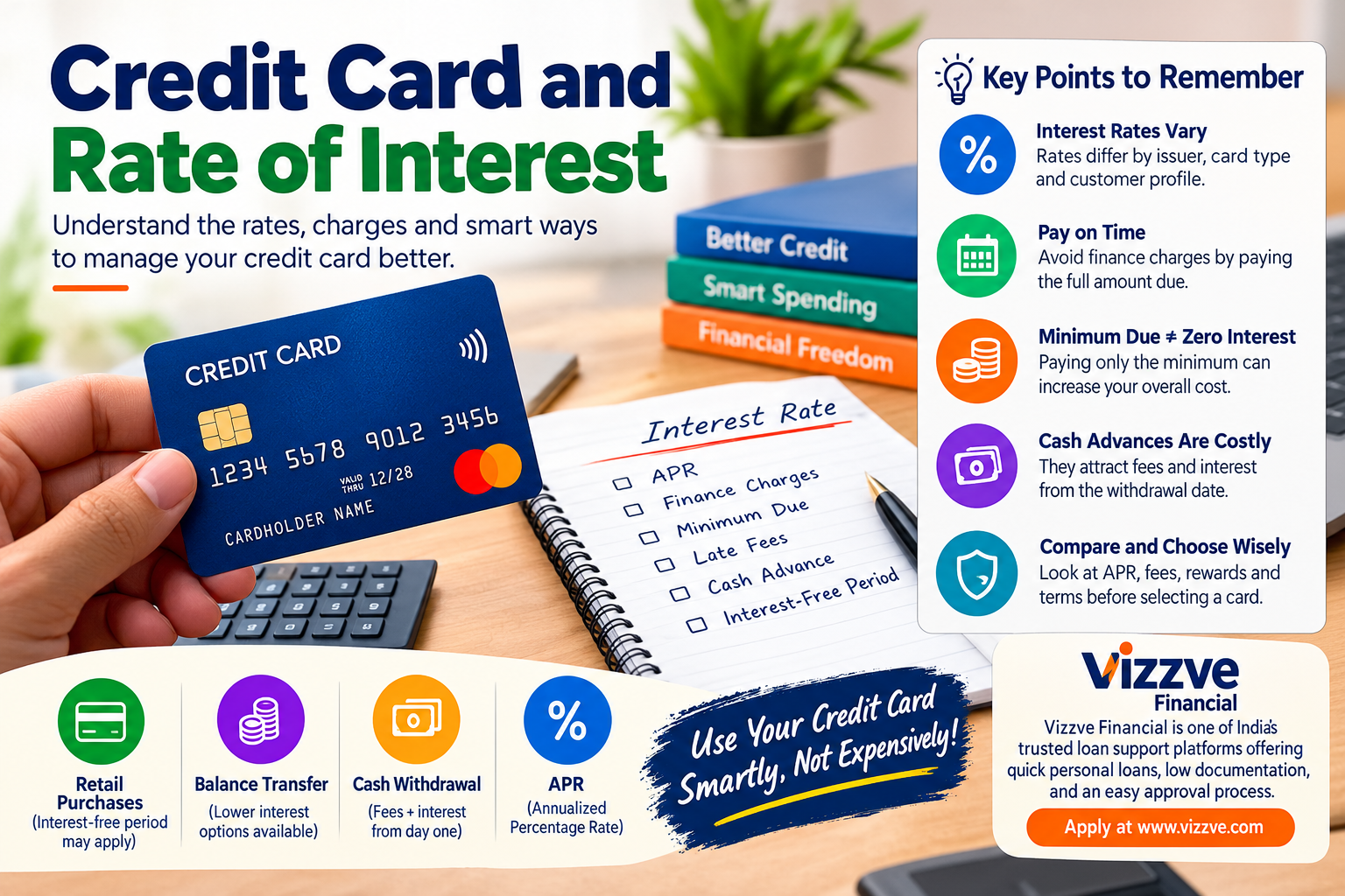 Credit card and rate of interest infographic showing APR, finance charges, minimum payment, cash advance costs, interest-free periods, and smart credit card management tips.